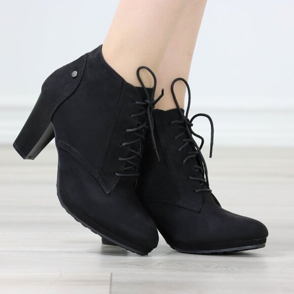 Womens Ankle Boots Lace Up Block Heel Booties Black Faux Suede - Picture 4 of 12